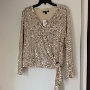 INC International Concepts Sequin V-Neck Blouse in Gold